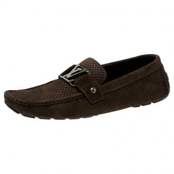 Pre Owned Louis Vuitton Brown Suede Damier Ebene Check Monte Carlo Loafers Size 42