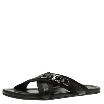 Pre Owned Louis Vuitton Black Leather Criss-Cross Sandals Size 43