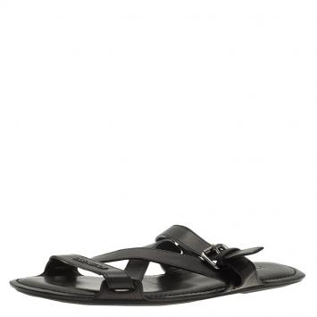 Pre Owned Louis Vuitton Black Leather Criss Cross Flat Sandals Size 42.5