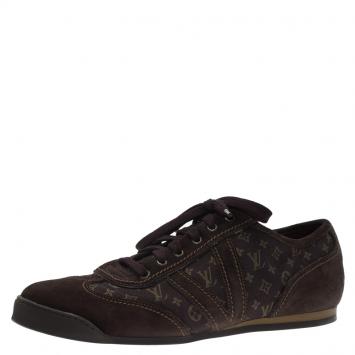 Pre Owned Louis Vuitton Brown Mini Lin Monogram Canvas and Suede Sneakers Size 43