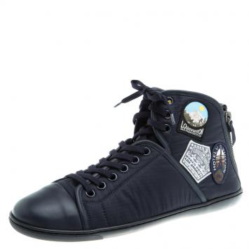 Pre Owned Louis Vuitton Dark Blue Fabric and Leather V Gaston High Top Sneakers Size 42