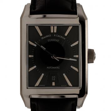 Pre Owned Maurice Lacroix Black Stainless Steel Pontos Rectangulaire Day Date Men's Wristwatch 32MM