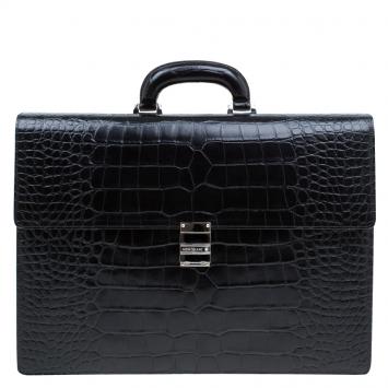 Pre Owned Montblanc Black Alligator Embossed Double Gusset Briefcase