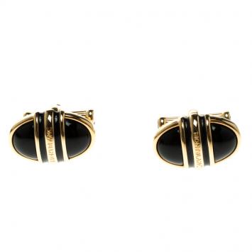 Pre Owned Montblanc Black Onyx & Gold Finish Classic Cufflinks 