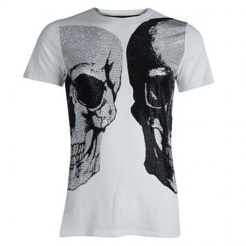 Pre Owned Philipp Plein White Skull Print Embellished Cotton T-Shirt L