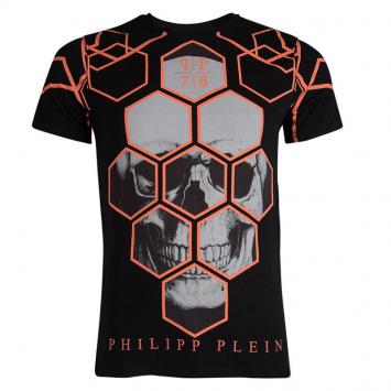 Pre Owned Philipp Plein Black Orange Contrast Skull Print T-Shirt M