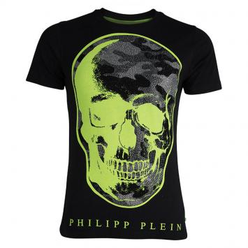 Pre Owned Philipp Plein Black Contrast Skull Print Embellished Crew Neck T-Shirt L