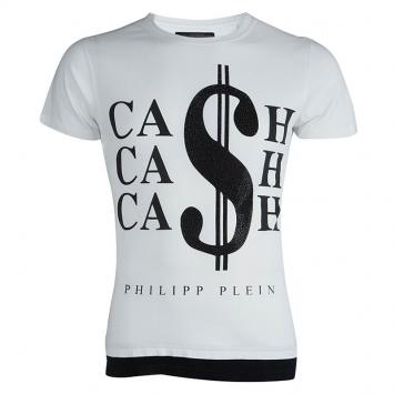 Pre Owned Philipp Plein White Embellished Cash Print Crew Neck T-Shirt L
