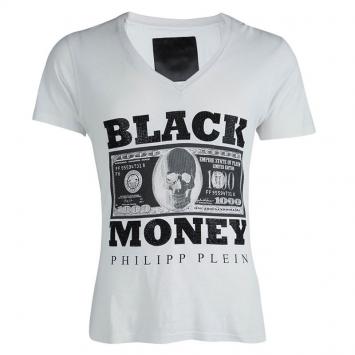 Pre Owned Philipp Plein White Embellished Black Money V-Neck T-Shirt L