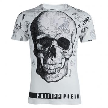 Pre Owned Philipp Plein White Embellished Skull Print Crew Neck  T-Shirt L