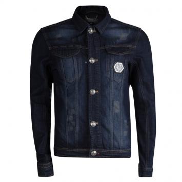 Pre Owned Philipp Plein Indigo Distressed Denim Embellished Skull Motif Johnny's Jacket L
