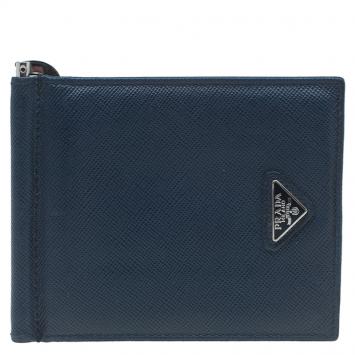 Pre Owned Prada Blue Leather Bi-Fold Wallet