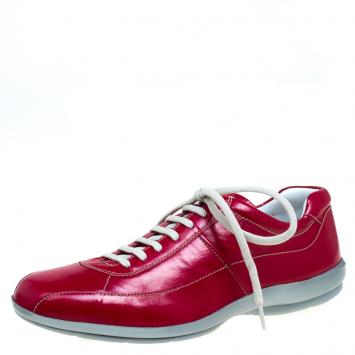 Pre Owned Prada Red Glazed Leather Sneakers Size 42