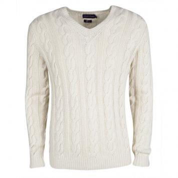 Pre Owned Ralph Lauren Cream Cable Handknit V Neck Sweater S