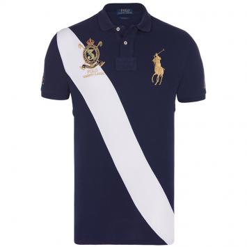 Pre Owned Polo Ralph Lauren Navy Blue/White Stripe Logo Polo Shirt S