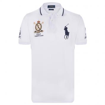Pre Owned Polo Ralph Lauren White/Navy Blue Logo Polo Shirt M