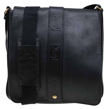 Pre Owned Saint Laurent Paris Black Leather Logo Messenger Bag