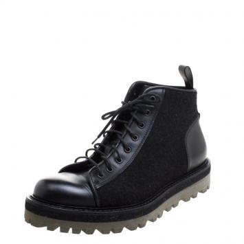 Pre Owned Saint Laurent Paris Black Leather and Flannel Lace Up Boots Size 42