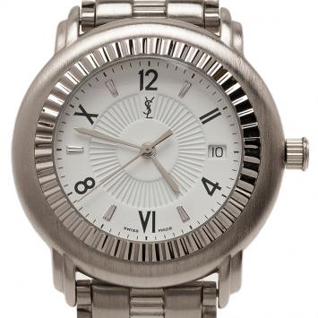 Pre Owned Saint Laurent Paris White Stainless Steel Herrenuhr Men's Wristwatch 36MM