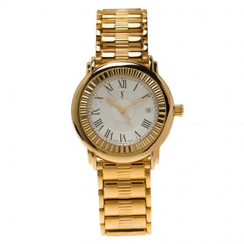 Pre Owned Saint Laurent Paris White Gold-Plated Stainless Steel Herrenuhr Men's Wristwatch 36MM