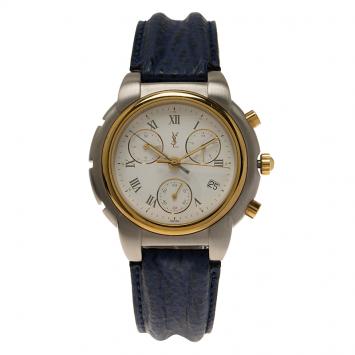 Pre Owned Saint Laurent Paris White Gold-Plated Stainless Steel Classic Men's Wristwatch 40MM