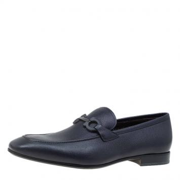 Pre Owned Salvatore Ferragamo Navy Blue Leather Manfredi Gancio Bit Loafers Size 43.5