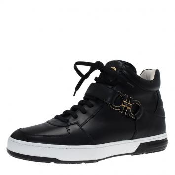 Pre Owned Salvatore Ferragamo Black Leather Nayon Gancio High Top Sneakers Size 43