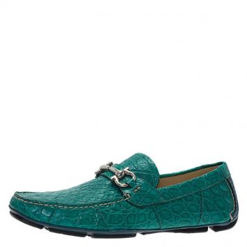 مملوكة مسبقًا Salvatore Ferragamo Green Croc Embossed Leather Parigi Loafers Size 41