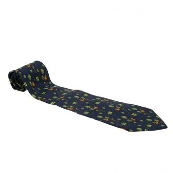 Pre Owned Salvatore Ferragamo Navy Blue Leaf and Butterfly Print Silk Tie