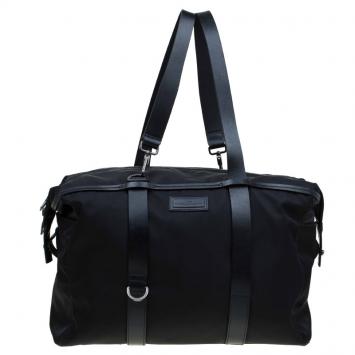 Pre Owned Salvatore Ferragamo Black Nylon and Leather Strap Weekender Bag