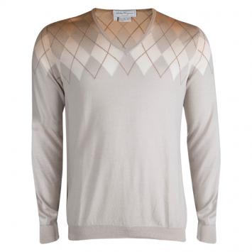 Pre Owned Salvatore Ferragammo Beige Argyle Pattern V-Neck Sweater M