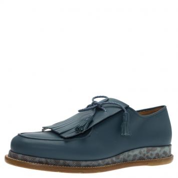 Pre Owned Salvatore Ferragamo Teal Blue Leather Nikos Karung Trimmed Runway Fringe Loafers Size 42