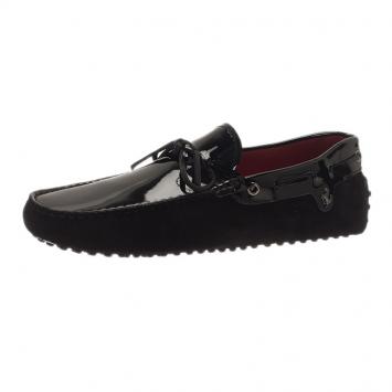 Pre Owned Tod's for Ferrari Black Patent Leather and Suede Bow Loafers Size 41.5