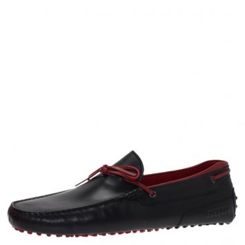 Pre Owned Tod's for Ferrari Black and Red Leather Bow Loafers Size 45