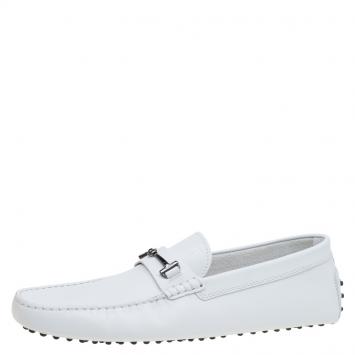 Pre Owned Tod's White Leather Horsebit Buckle Loafers Size 46.5