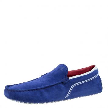 Pre Owned Tod's for Ferrari Blue Suede and White Leather Loafers Size 42.5