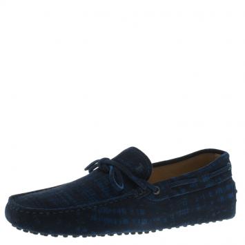 Pre Owned Tod's Blue Printed Suede Bow Loafers Size 41.5