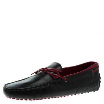 Pre Owned Tod's for Ferrari Black and Red Leather Bow Loafers Size 43