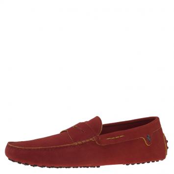 Pre Owned Tod's for Ferrari Red Suede Penny Loafers Size 44