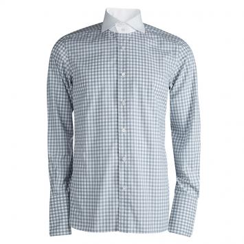 مملوكة مسبقًا Tom Ford Grey Contrast Collar Gingham Checked Cotton Shirt L