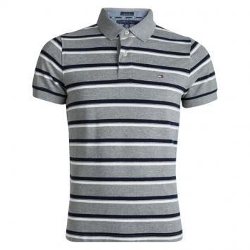 Pre Owned Tommy Hilfiger Grey and Navy Blue Striped Custom Fit Polo T-Shirt S