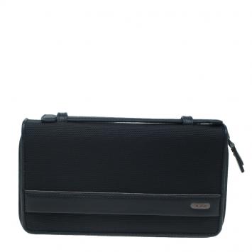 Pre Owned Tumi Black Leather and Canvas Large Zip Around Travel Wallet