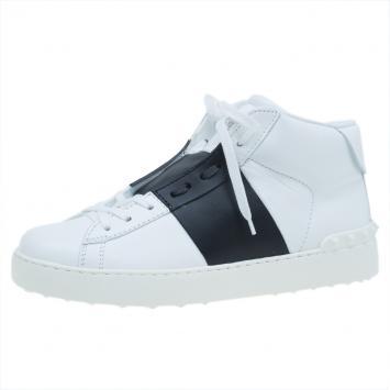 Pre Owned Valentino White and Black Banded Leather High Top Sneakers Size 40