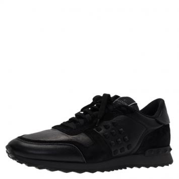 Pre Owned Valentino Black Suede and Leather Rockstud Sneakers Size 44