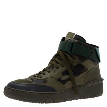 Pre Owned Valentino Green Camouflage Print Leather High Top Sneakers Size 43