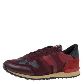Pre Owned Valentino Red Camouflage Leather and Suede Rockrunner Sneakers Size 43