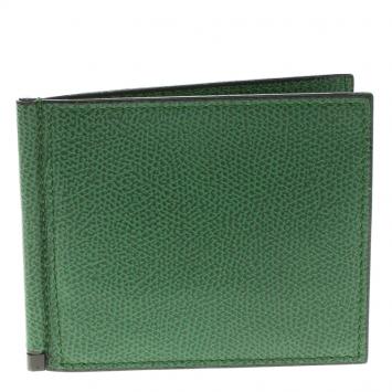 Pre Owned Valextra Green Leather Money Clip BiFold Wallet