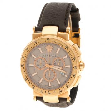 Pre Owned Versace Grey Gold Plated Stainless Steel Chronograph Watch 46 mm
