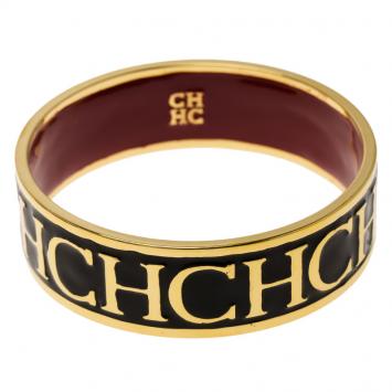 Pre Owned Carolina Herrera CH Logo Gold Tone & Black Enamel Wide Bangle Bracelet 20cm