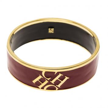 Pre Owned Carolina Herrera CH Logo Burgundy Enamel & Gold Tone Wide Bangle Bracelet 20 cm